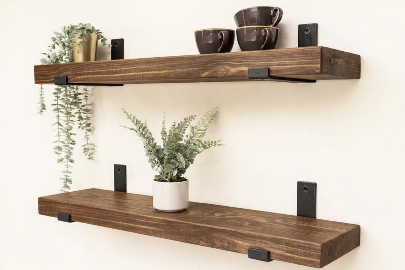 Rustic Floating Shelf, 6x2 with Black Brackets, Solid Pine, Wall Mounted — image 1