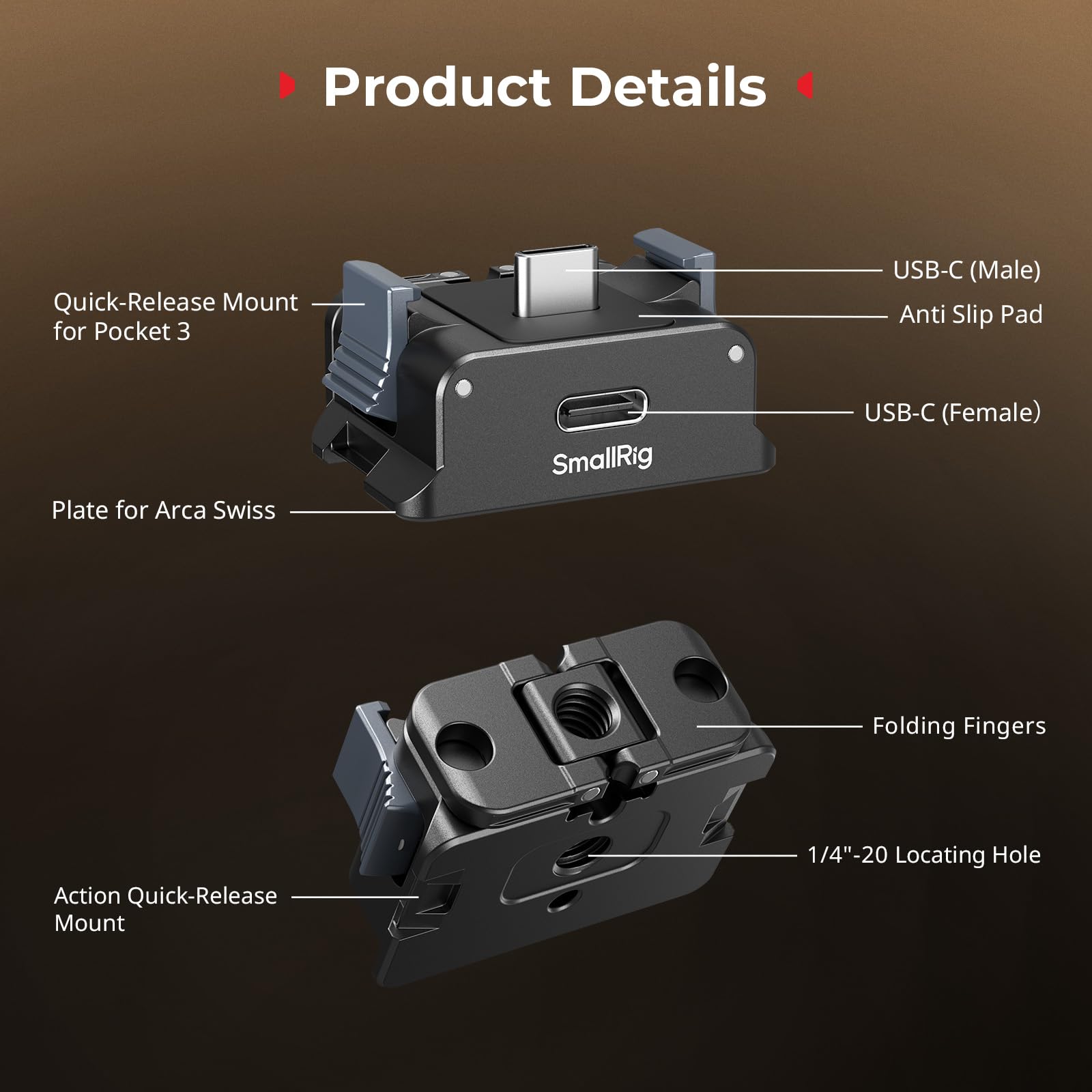 SMALLRIG Dock Carga para Osmo Pocket 4/3 - Aluminio con 1/4", Garras Plegables para Trípodes/Monopies y Base Arca - 5376