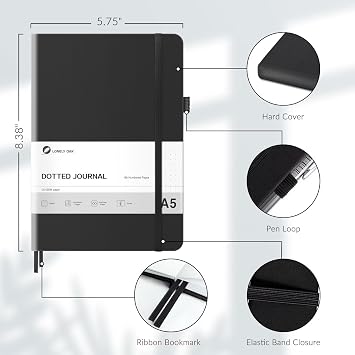 Lonely Oak Notebook A5 Hardcover Bullet Dotted Journal 120 g/m² Thick Premium Acid-free Paper 156 Pages Journal with Elastic Band & Inner Pocket 14.5 x 21.3 cm (Black)