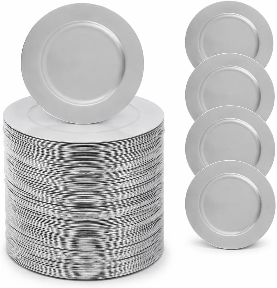 100 Pcs Silver Charger Plates Bulk 13 Inch Plastic Round Chargers for Dinner Plates Wedding Party Event Table Setting Decoration