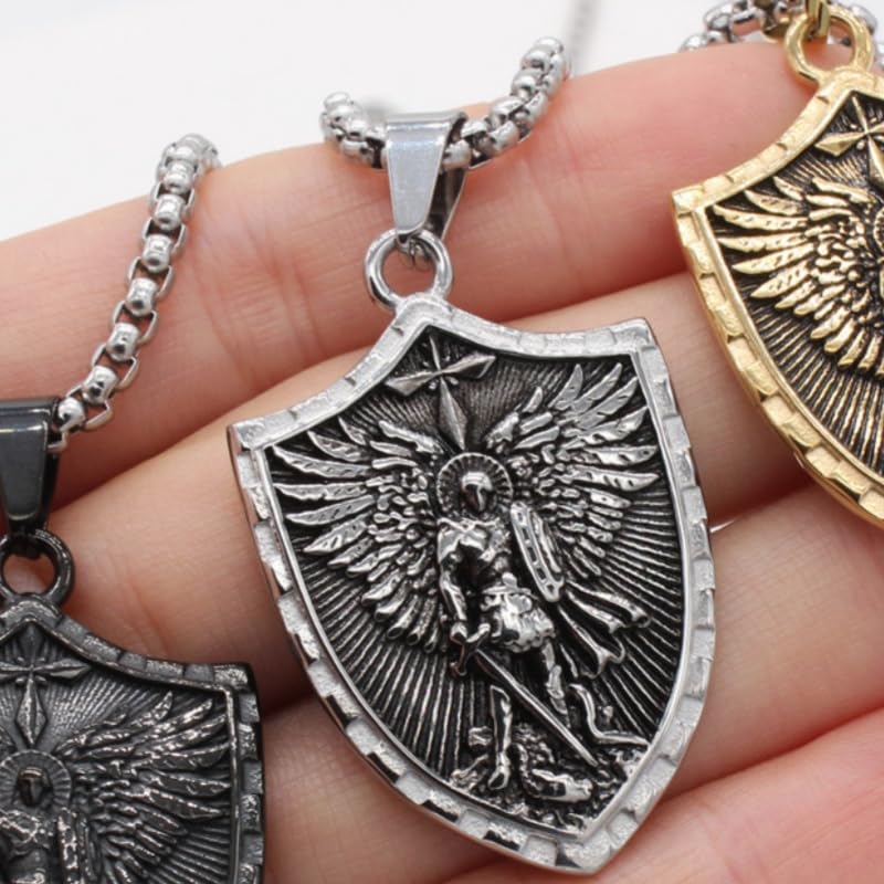 St Michael Necklace for Men, Stainless Steel Patron Saints Medallion Pendant Jewelry, Catholic Protection Jewelry Gift4