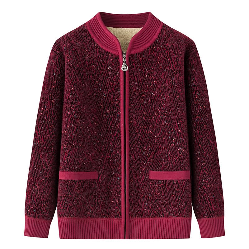 Cárdigans de Punto para Mujeres de Mediana Edad Y Mayores Cárdigans con Cremallera Completa Y Forro Polar Sudaderas A Rayas Abrigos de Invierno Chaquetas de Punto Gruesas de Sherpa para Uso Diario.