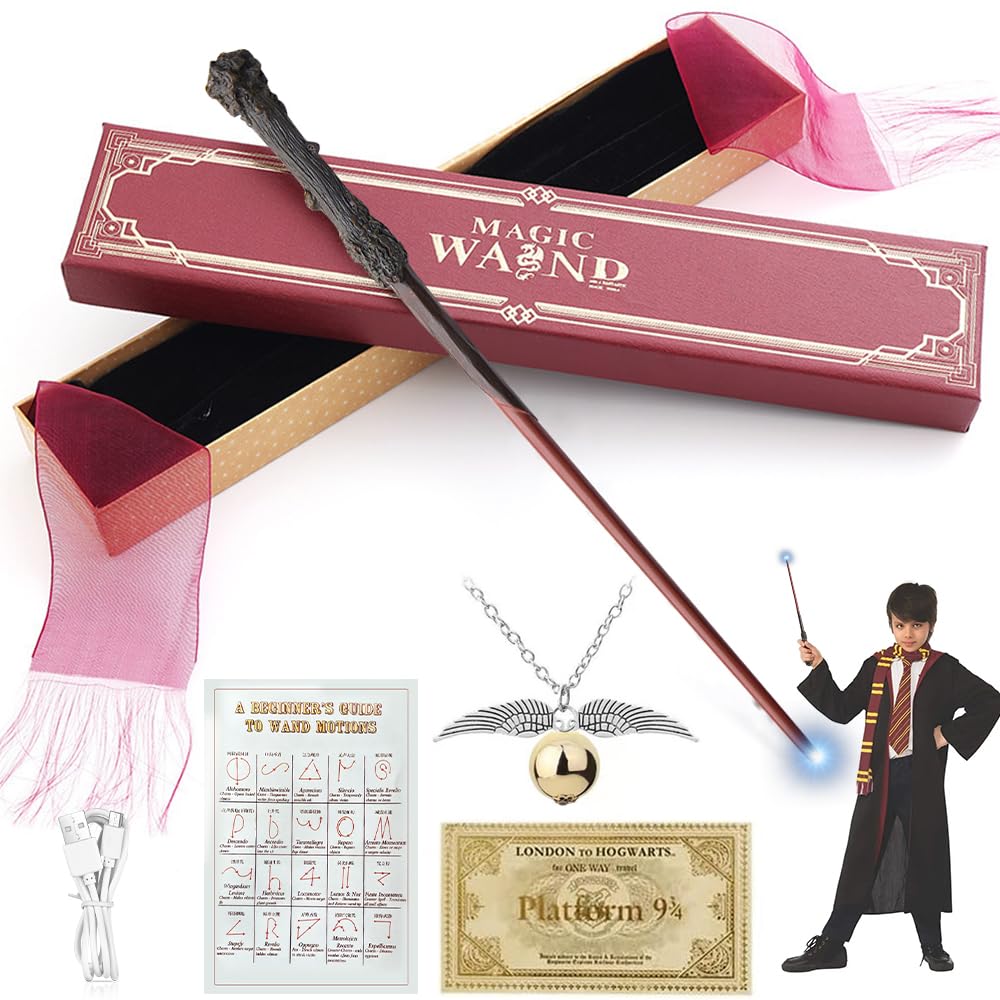 XEERUN Harry P-otter Wand, USB Charging Glow Magic Wand, 38CM Harry Light Up Wand, Hand Carved Wands with Gift Box, Spell Card, Station Ticket, Necklace for Halloween, Christmas