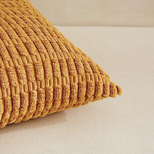 Fancy Homi 2 Packs Mustard Yellow Decorative Throw Pillow Covers 18X18 Inch For Living Room Couch Bed Sofa, Soft Striped Corduroy Square Cushion Case 45X45 Cm, Rustic Farmhouse Boho Home Decor #TOP3