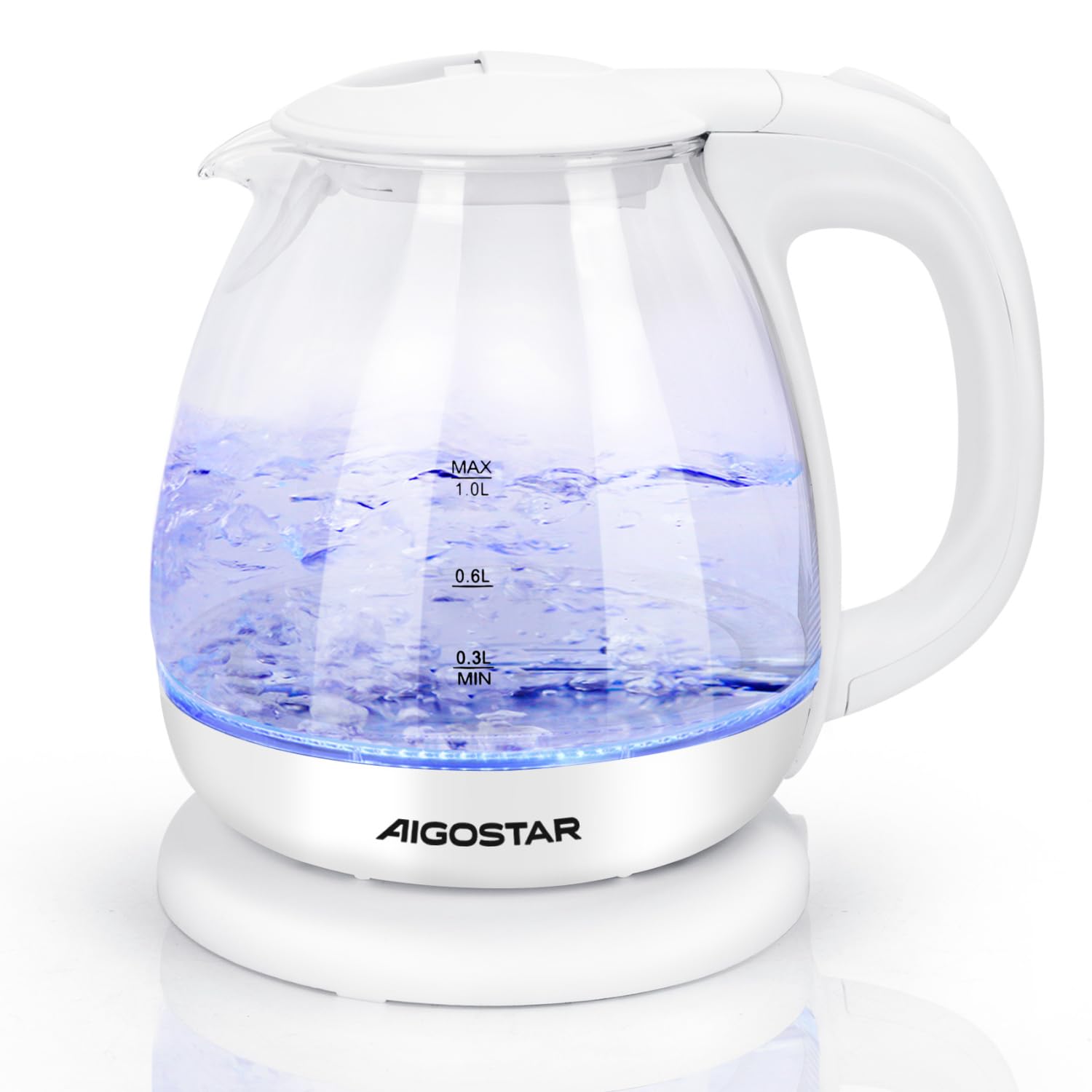 Aigostar Small Electric Kettle, 1.0L White Glass Kettle Cordless, Compact Mini Clear Water Tea Kettle Fast Quiet Boil for Kitchen Bedroom Office, 2200W - Elvin 3011Q