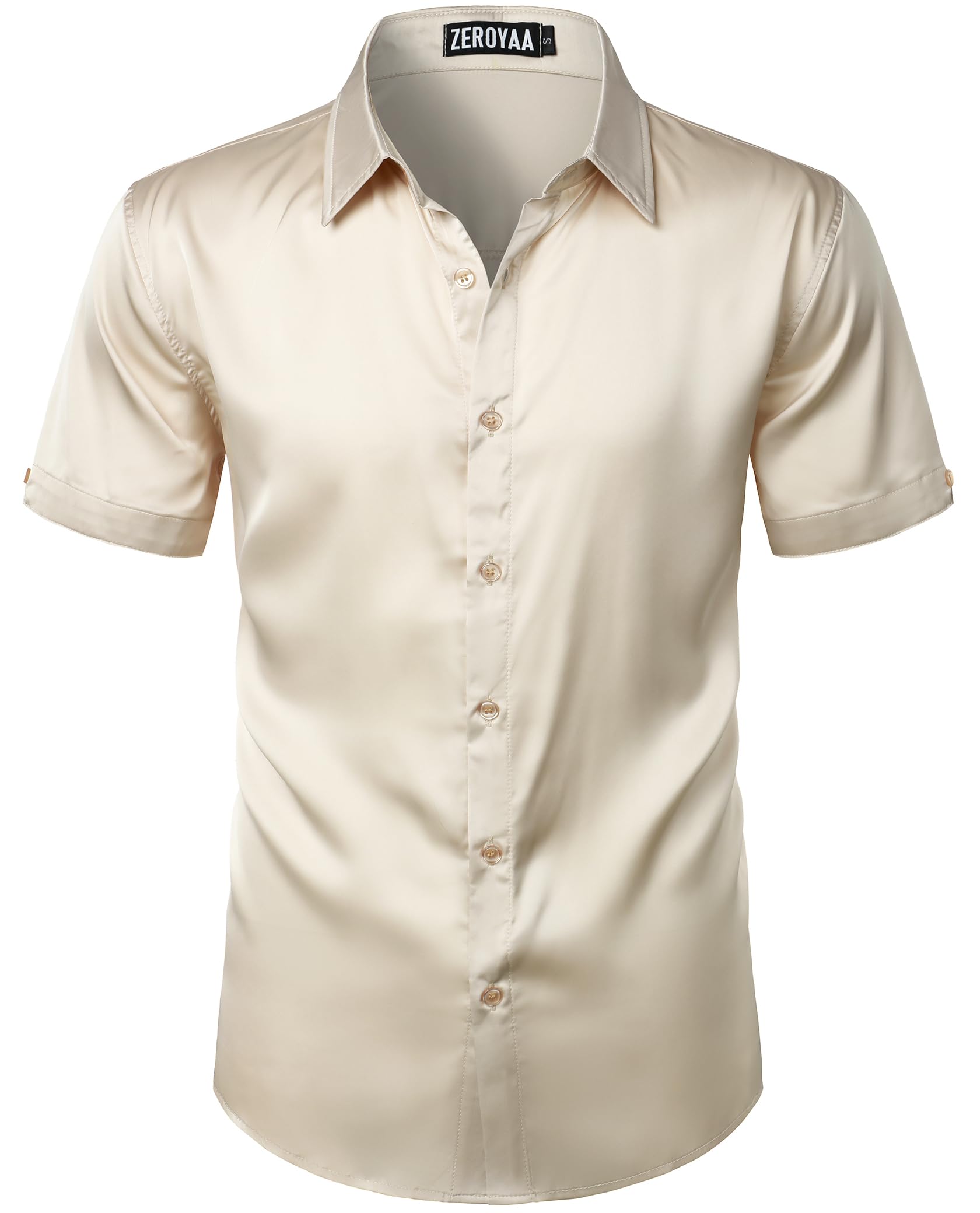 ZEROYAA Men's Hipster Shiny Silk Satin Shirt Regular Fit Short Sleeve Casual Button Down Dress Shirts for Summer Party