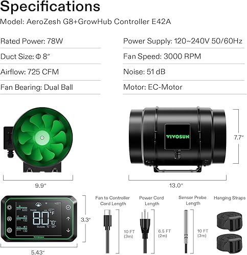 Miniatura 57 de VIVOSUN AeroZesh T4 Ventilador de conducto en línea, silencioso ventilador de escape de ventilación de 4 pulgadas 210 CFM con motor EC y controlador