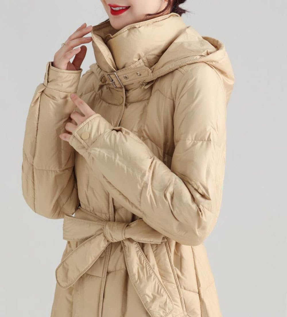 BrOleo Abrigo De Plumas con Capucha para Mujer Chaqueta Larga De Invierno,Chaqueta De Plumas Ligera con Cinturón Abrigo con Capucha Ropa De Abrigo Repelente Al Viento Regalos para Caminar Al Aire Li