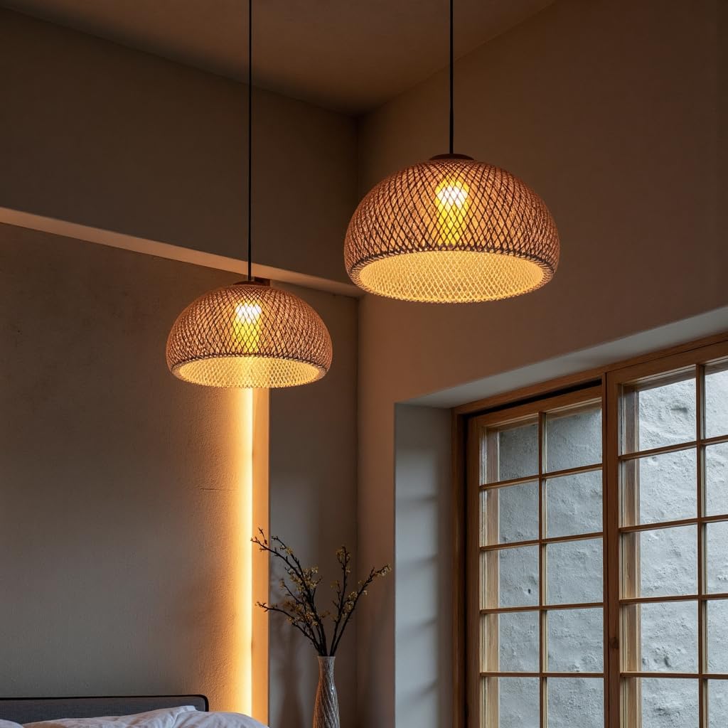 12 "Boho Rattan Lampada a Ciondolo, E27 Hardwired Plafoniera, Illuminazione a Ciondolo Bambù Vimini Lampada a Sospensione Per Cucina Isola Soggiorno Sala da Pranzo