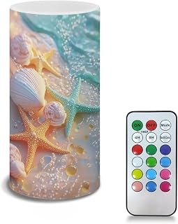 Poceacles Sea Shell Starfish Beach Theme Flameless Candle Battery Powered with Remote Control 12 Colors 4/8 Hours Timer LED Night Lights Pillar Candle Tealights Home Indoor Decor