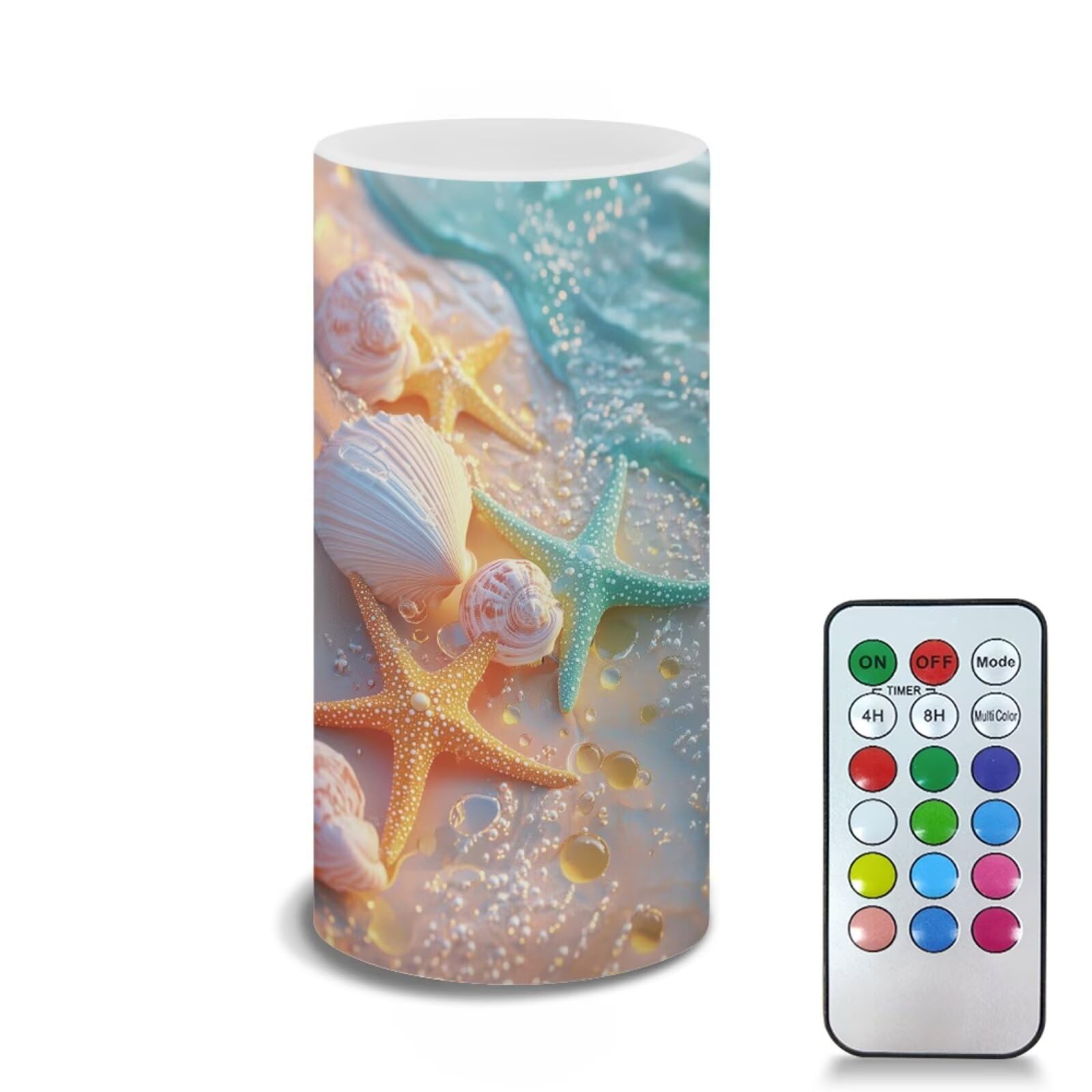 Poceacles Sea Shell Starfish Beach Theme Flameless Candle Battery Powered with Remote Control 12 Colors 4/8 Hours Timer LED Night Lights Pillar Candle Tealights Home Indoor Decor
