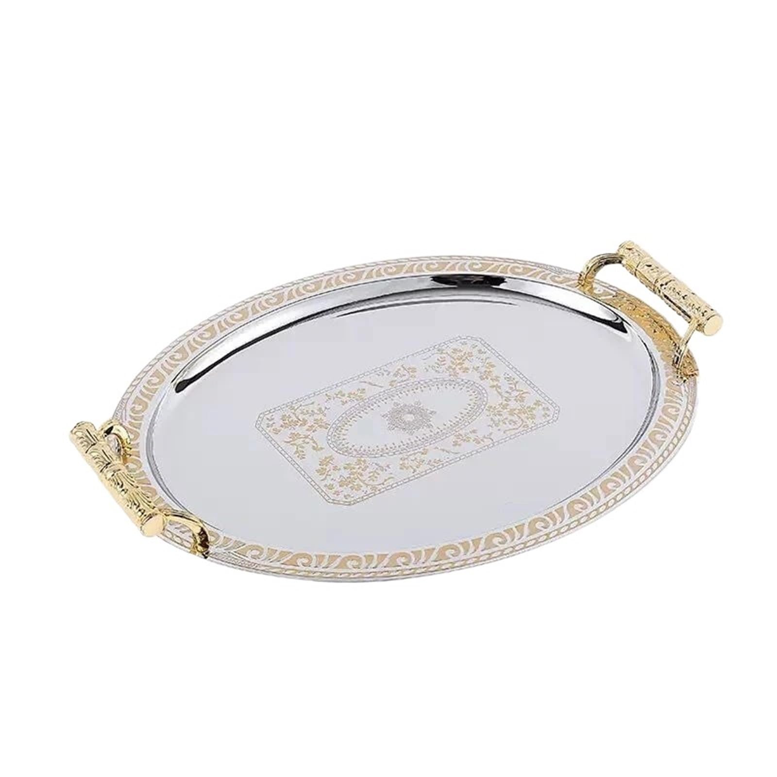 Metal Serving Tray with Handles Golden Metal Decorative Tray For Tea Coffee Table With Handle Oval Mirror Serving provide hospitality(XL 50cm 41.8cm)