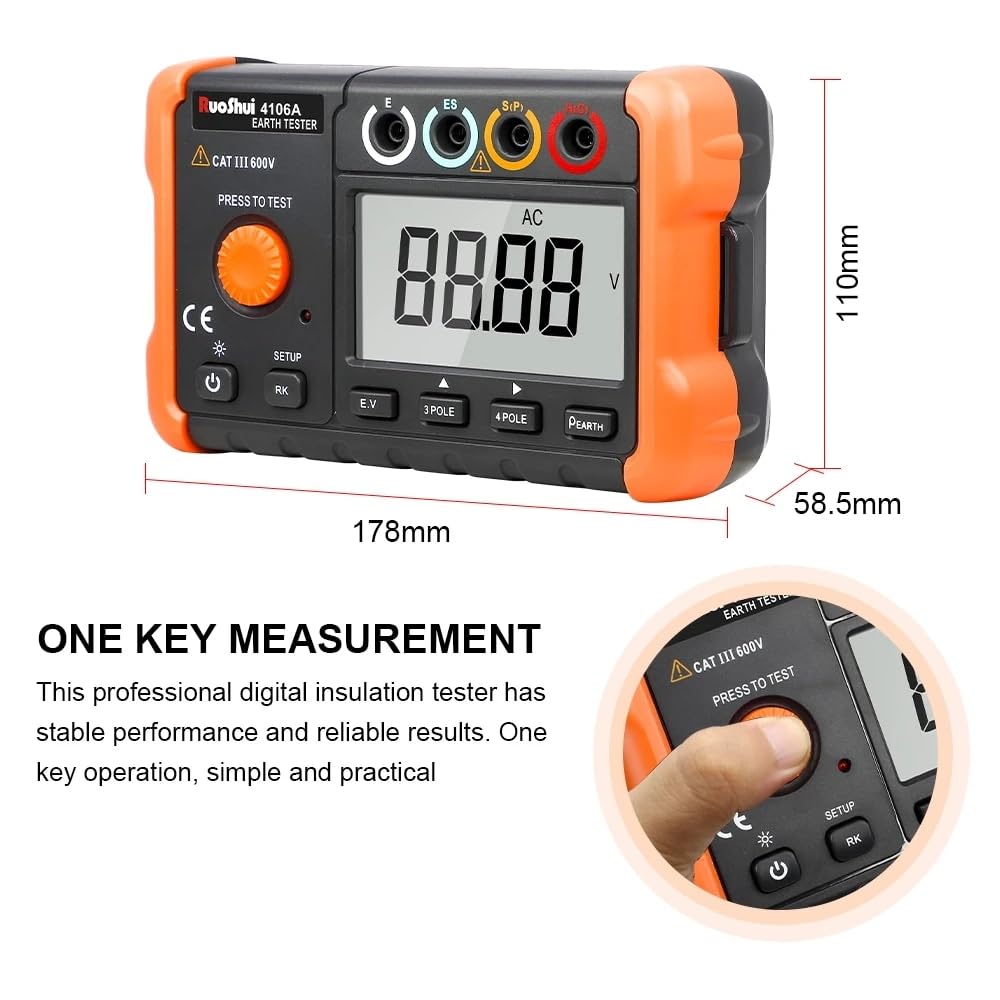 4106A Digital Earth Tester Ground Resistance Meter Low Voltage Display LCD Backlight 3 Pole/4 Pole Method 2000Ω True RMS