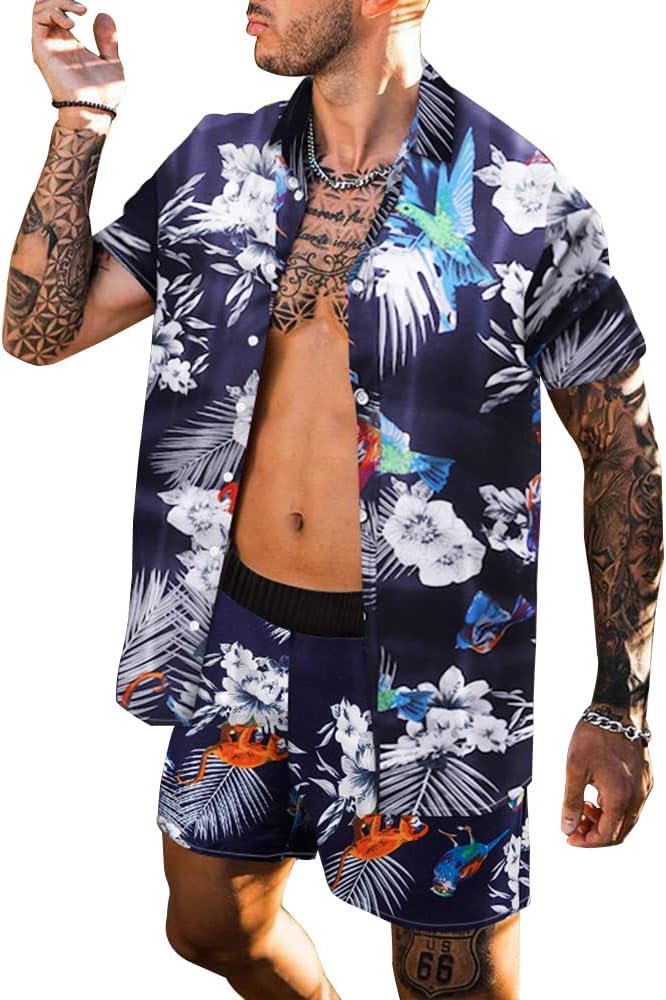 BUYJYA Men's Flower Shirt Short 2 Piece Hawaiian Sets Casual Button Down Floral Tracksuit Beach Outfit