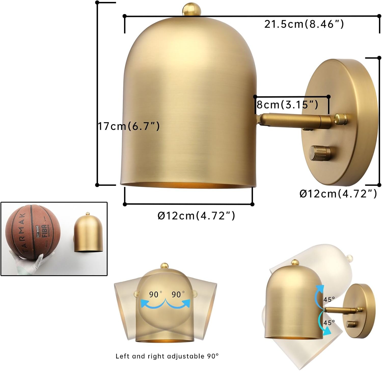 Pathson Modern Dimmable Wall Sconce Hardwired, Brass Finish Wall Light Lamp Adjust Light Head, E26 Bulb Base Reading Wall Lighting Decor for Living Room Bedroom Hallway