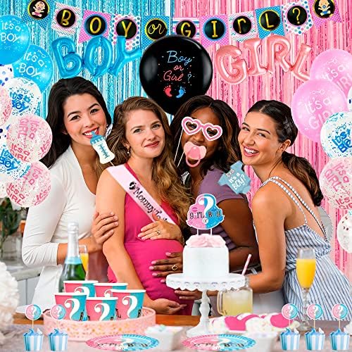 Gender Reveal Party Supplies,137pcs Gender Reveal Decoration&Gender Reveal Party Tableware Set-Gender Reveal Plates Napkins Cups Table Cloth,Boy or Girl Gender Reveal Banner Balloons Cake Topper ect..