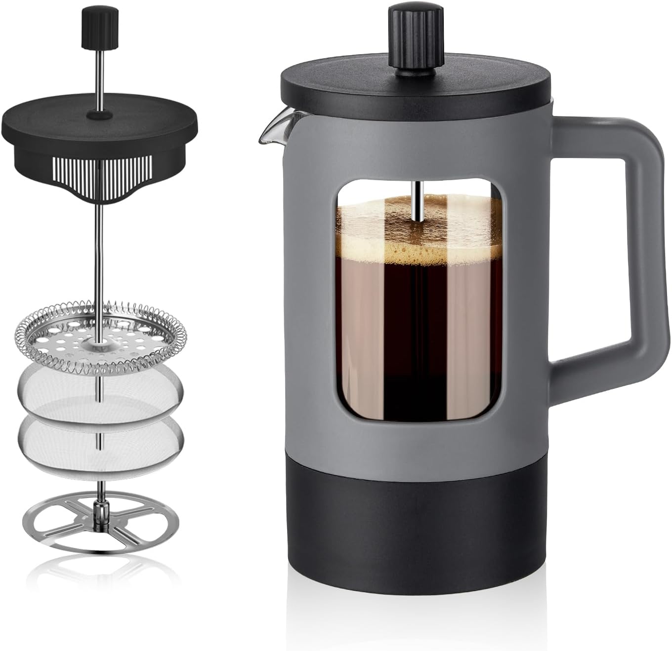 French Press Coffee Maker, 21 oz Small Coffee Tea Press with Heat-resistant Borosilicate Glass, 4-Level Filtration Systems, Portable Coffee Pot for Camping Travel Gifts, Grey and Black