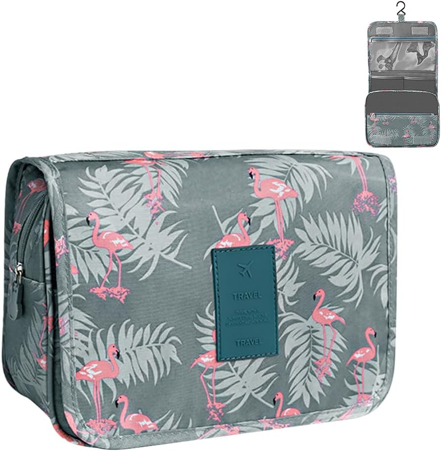 Hanging Toiletry Bag - Travel Portable Wash Bag Makeup Cosmetic Organizer for Women & Girls Waterproof Bathroom Shower Bag for Business Trip, Gym, Vacation & Household (Gray Flamingo)