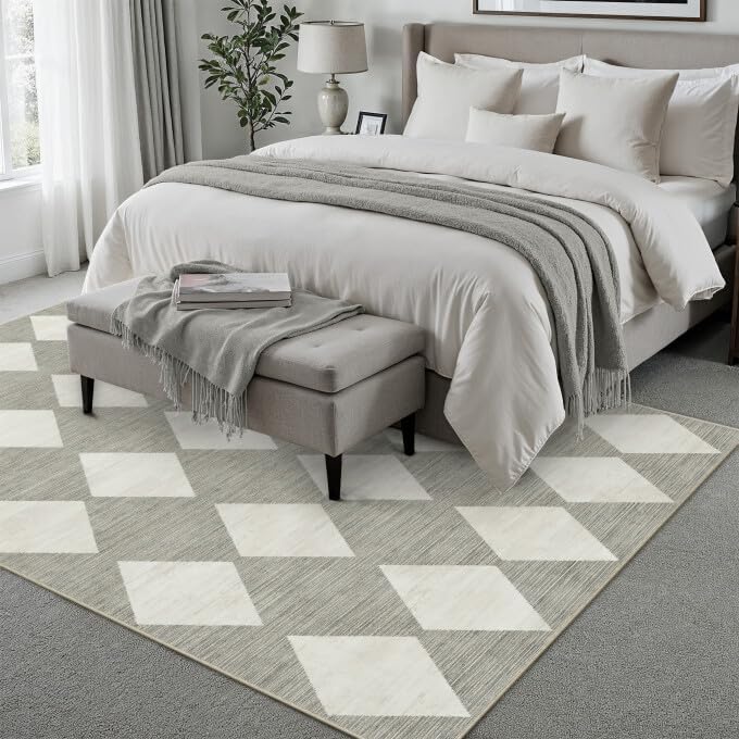 6x9 Checkered Area Rugs for Living Room Grey Machine Washable Large Rug Non-Slip Stain Resistant Low Pile Boho Accent Indoor Throw Carpet for Bedroom Dining Room Classroom - Image 3