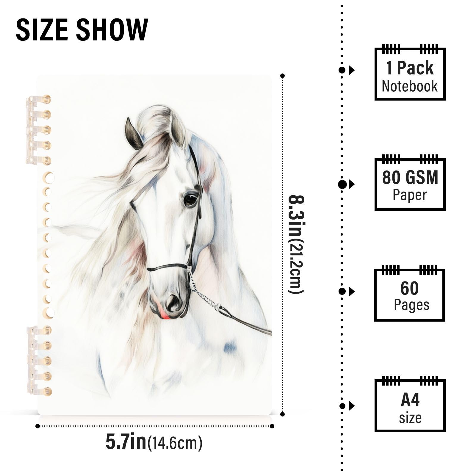 senya Cuaderno de espiral rayado, 2 piezas, diario de caballo blanco para estudio y notas, 60 páginas con tapa dura duradera