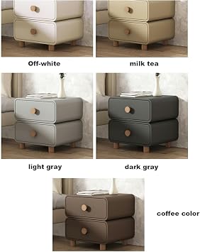 Bedside Cabinet, Modern Minimalist 2 Drawer Nightstand Solid Wood Bedside Table with Rounded Corner Leather Storage Cabinet for Living Room or Bedroom Small Side Table in Dark Gray Color