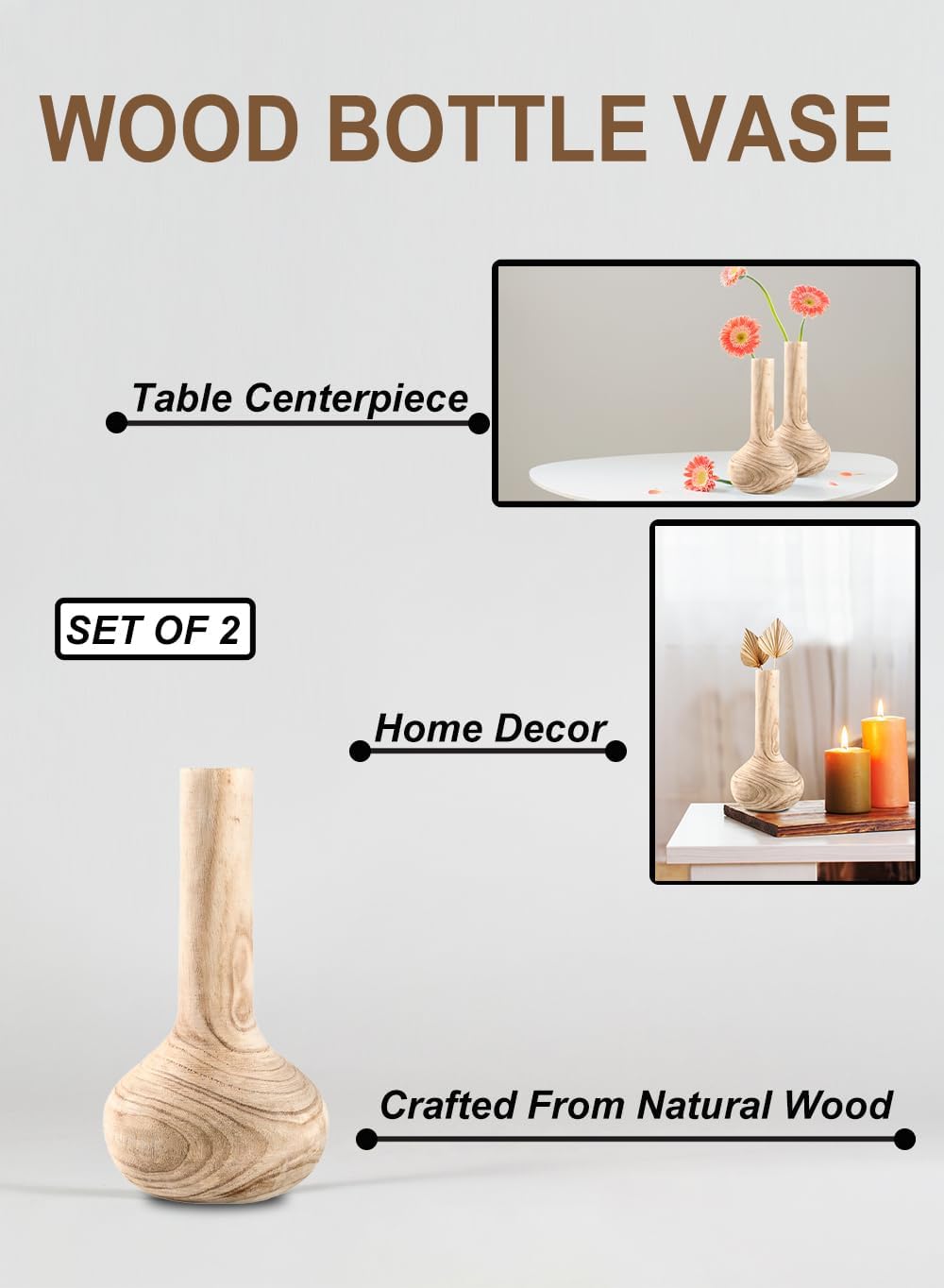 Serene Spaces Living Set of 2 Paulownia Wood Bottle Vase, Handmade Wooden Vase for Home Décor, Parties, Wedding Centerpiece, Floral Arrangements, Measures 8" Tall and 4" Diameter