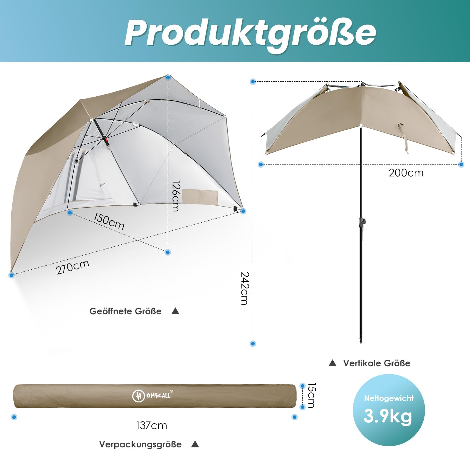 Homecall Sombrilla de playa 2 en 1, convertible, Ø 270 cm, gran sombrilla parasol, con ventana – protección contra el viento, la playa, la lluvia, UV50+, protección contra el sol, para la playa para 2