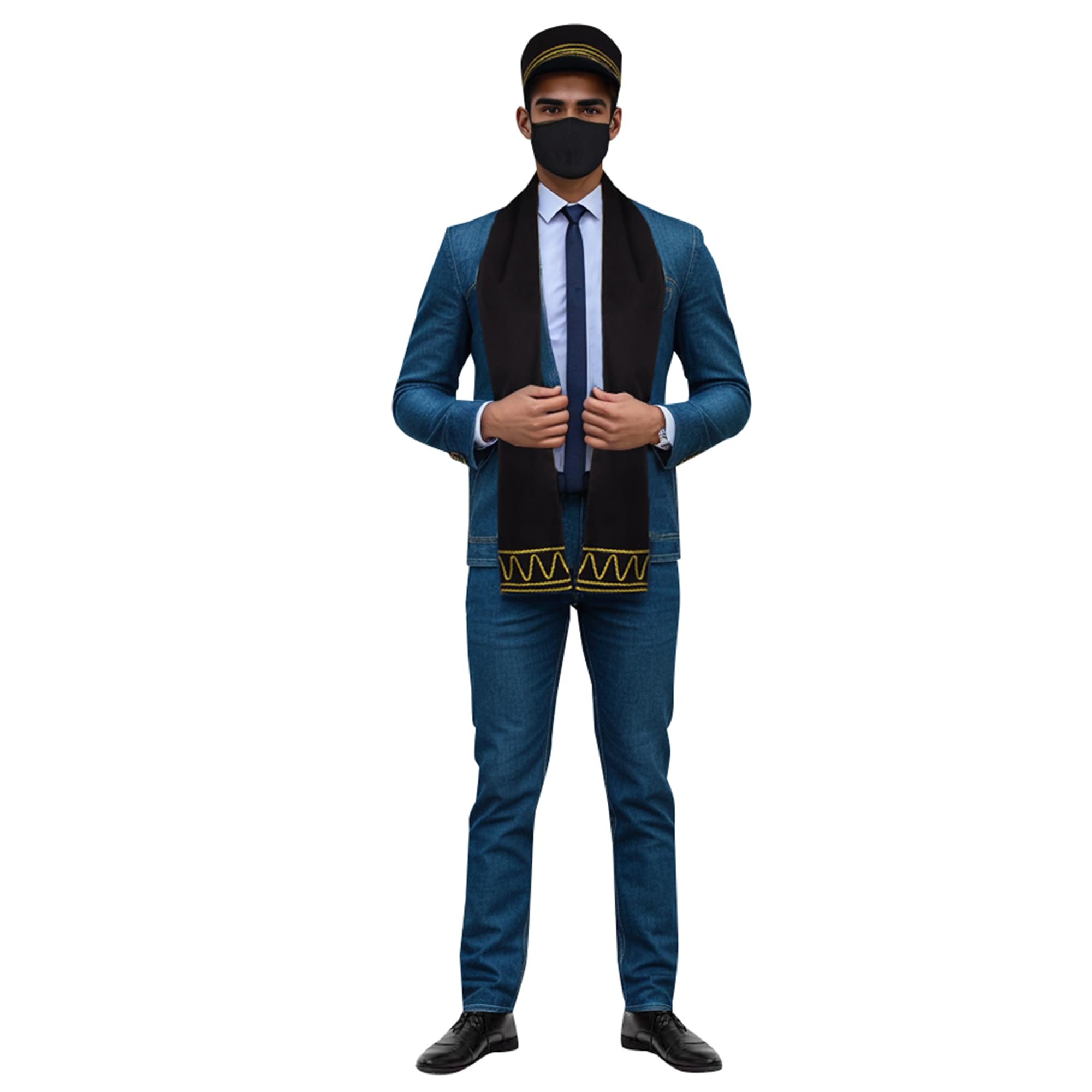 Gold Embroidered African Hat and Black Sash/Scarf Ankara Kufi Hats Men Face Mask