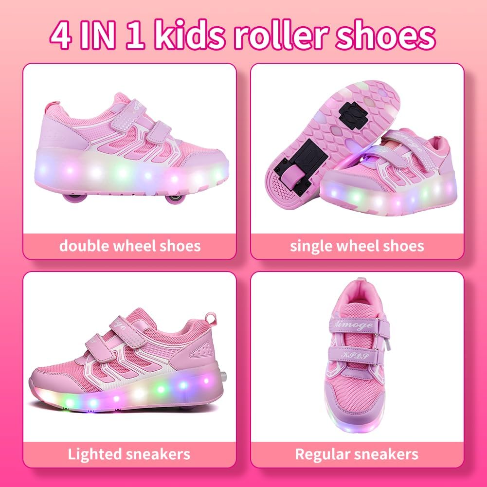 Yogeeft Kids Shoes with Wheels & LED Flashing Sneakers for Gifts Rechargeable Roller Skate Shoes Retractable for Birthday Gift Size 4.5 Big Kid Pink