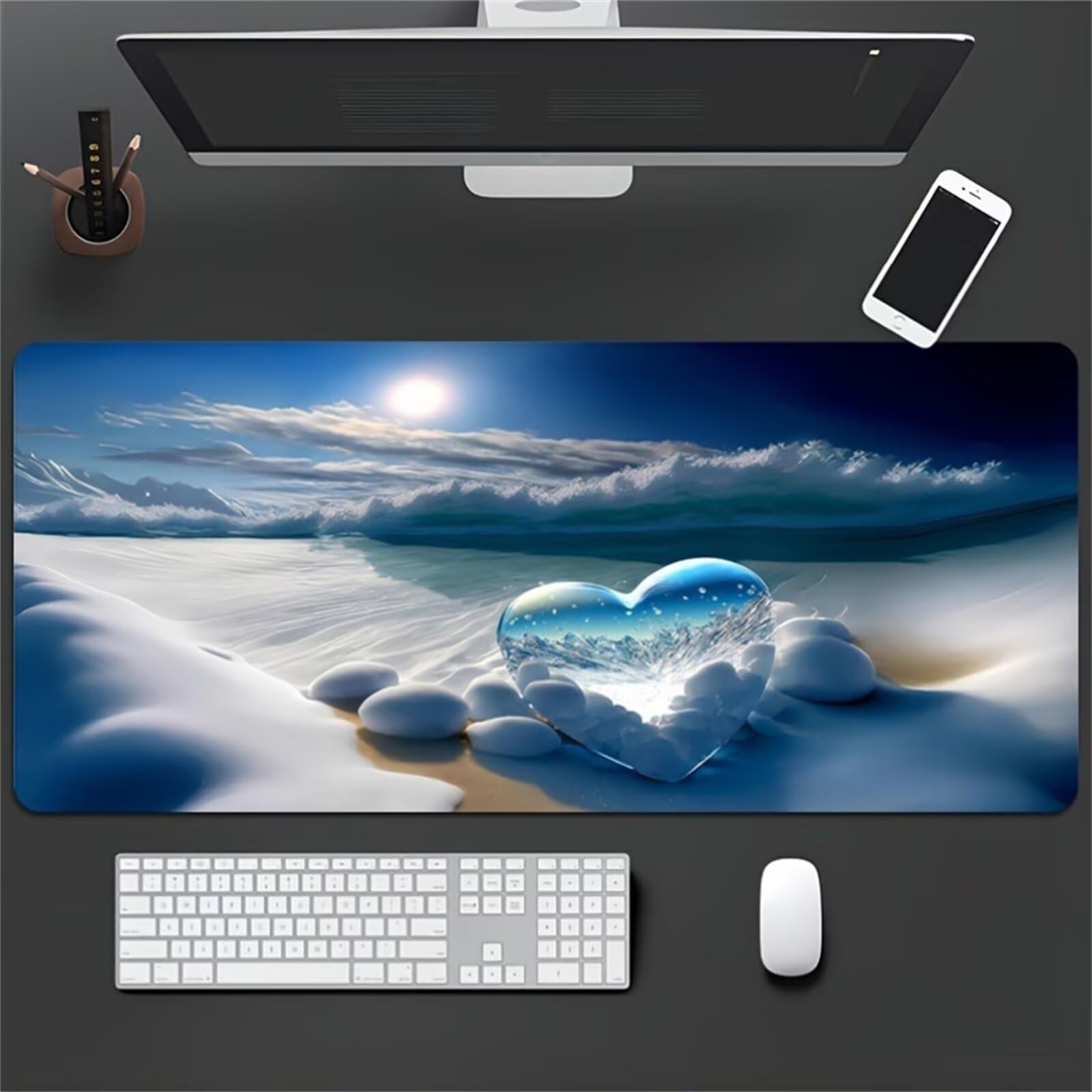Tappetino Mouse Gaming XXL 1200x600x3 mm, Tappetino da Scrivania Grande, con Bordi Cuciti, Base in Gomma Antiscivolo, Tappetino per Tastiera Lavabile per PC, Laptop, Paesaggio Cuore Sulla Spiaggia