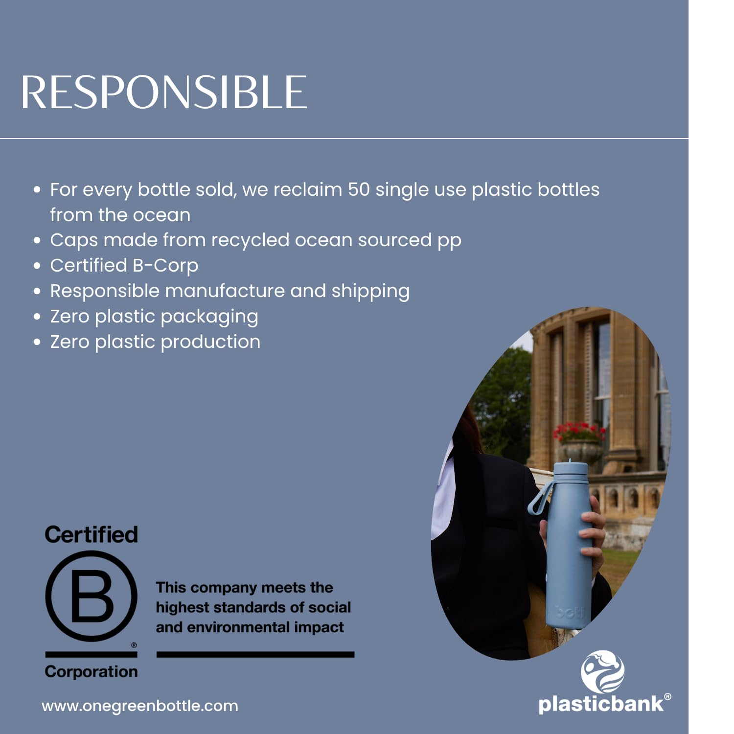 onegreenbottle Evolution V2a Bouteille d'eau en acier inoxydable isotherme avec 2 bouchons et brosse - 800 ml - Anti-fuite - Pour boissons chaudes et froides - Bleu