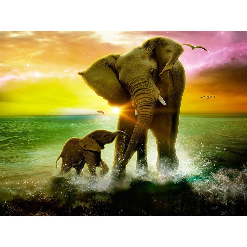 5D Diamond Painting Kits, Elephant and Small Elephant Sea Colorful Clouds Animals WOWDECOR Full Drill DIY Diamond Art Cross Stitch Paint by Numbers