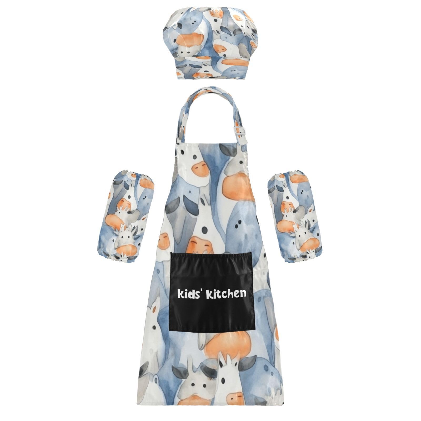 Bulletgxll Blue Cows Kids Apron and Chef Hat Set Adjustable Bib Aprons with Pockets for Cooking Baking Painting
