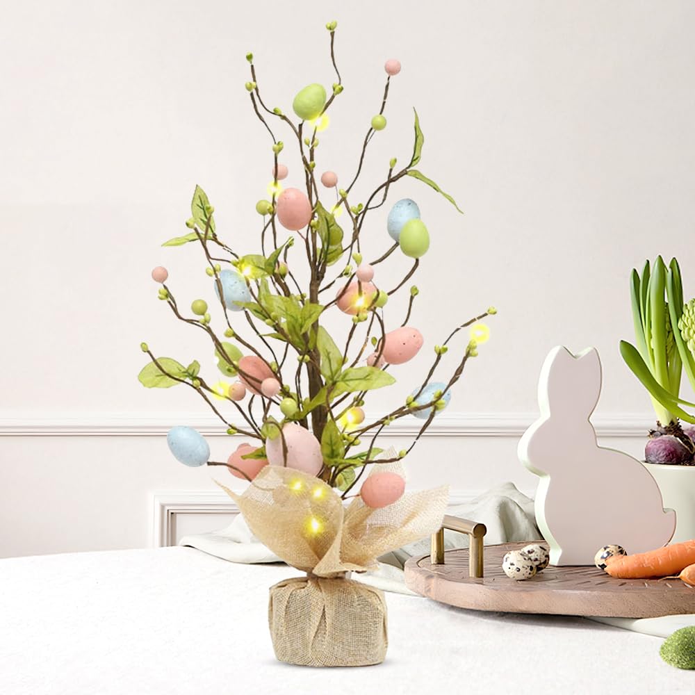 KQWVZ Easter Tree With Lights, 45 cm Easter Lighted Tree, Lighted Easter Trees with 24 Warm White LEDs, Battery Operated, Easter Tree Decoration for Tabletop for Birthday Home Party Spring Decor