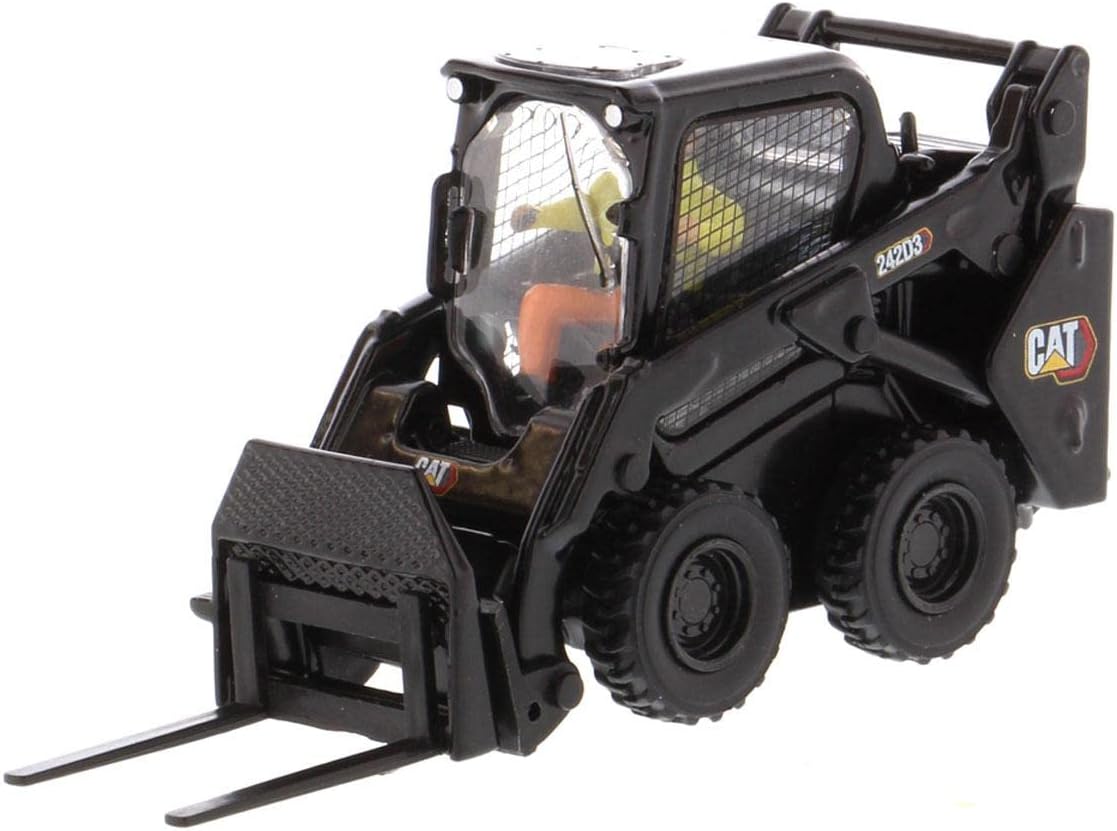 Diecast Masters 1:50 Scale Caterpillar 242D3 Skid Steer Loader + Attachment Accessories, Special Black Finish | High Line Series Cat Trucks & Construction Equipment Model 85676BK