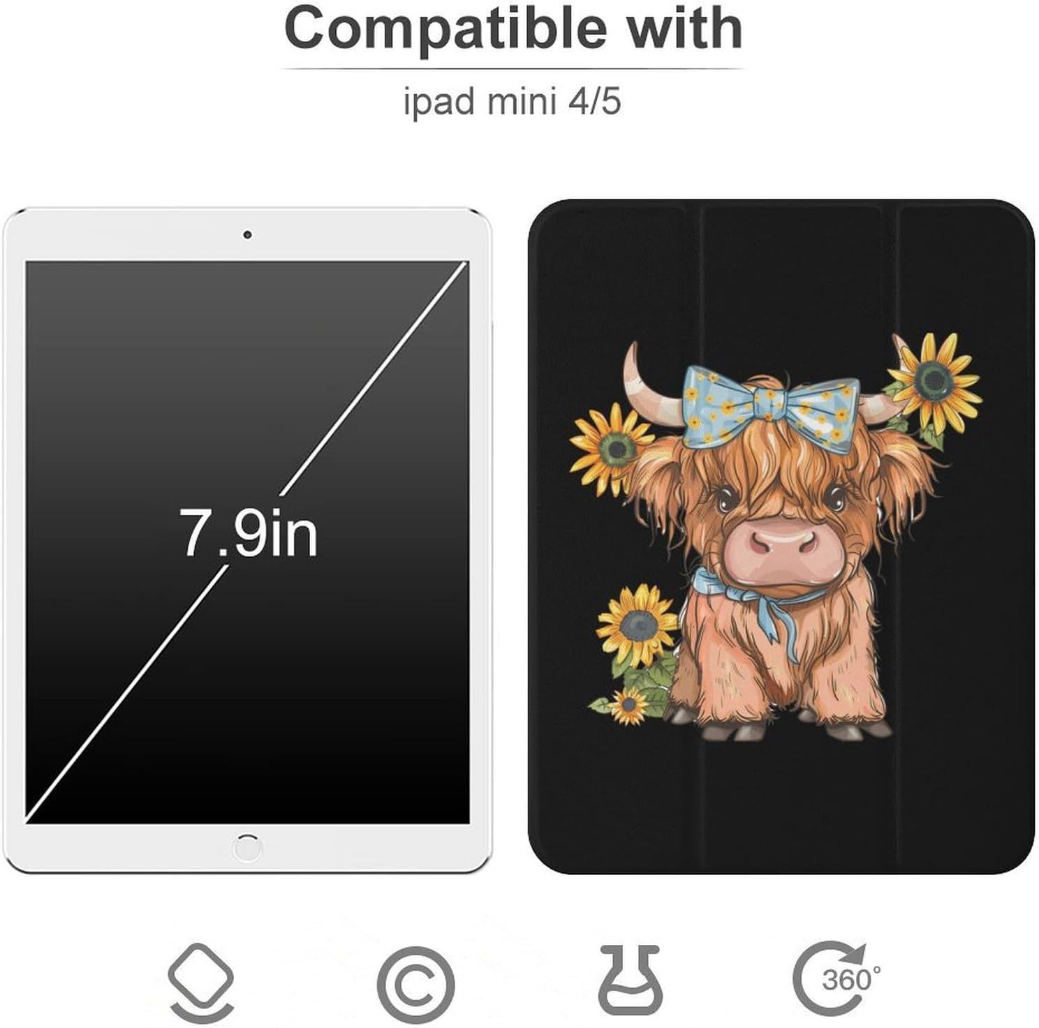 Highland Cow with Sunflowers Cute Case Compatible for Mini4/5（7.9in） Trifold Tablet Protective Cover with Pencil Holder