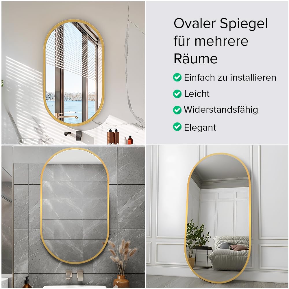 Marctani Ovaler Spiegel mit Metallrahmen - Moderner Wandspiegel oval für Badezimmer und Flur - Dekorativer Spiegel oval für Wohnzimmer und Garderobe