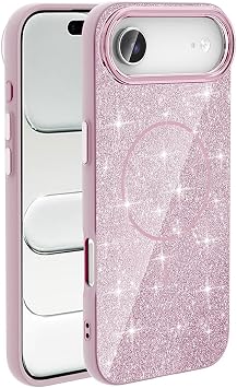 iPhone ile uyumlu 17 Air K l f Kablosuz  arj  zellikli Parlayan Simli Okso Kapak Pembe