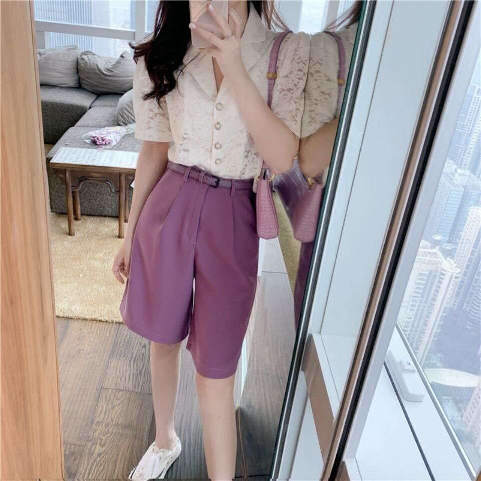 Short Femmes Couleur Solide Haute Taille Tout-Match Five Points Suit Shorts avec Ceinture