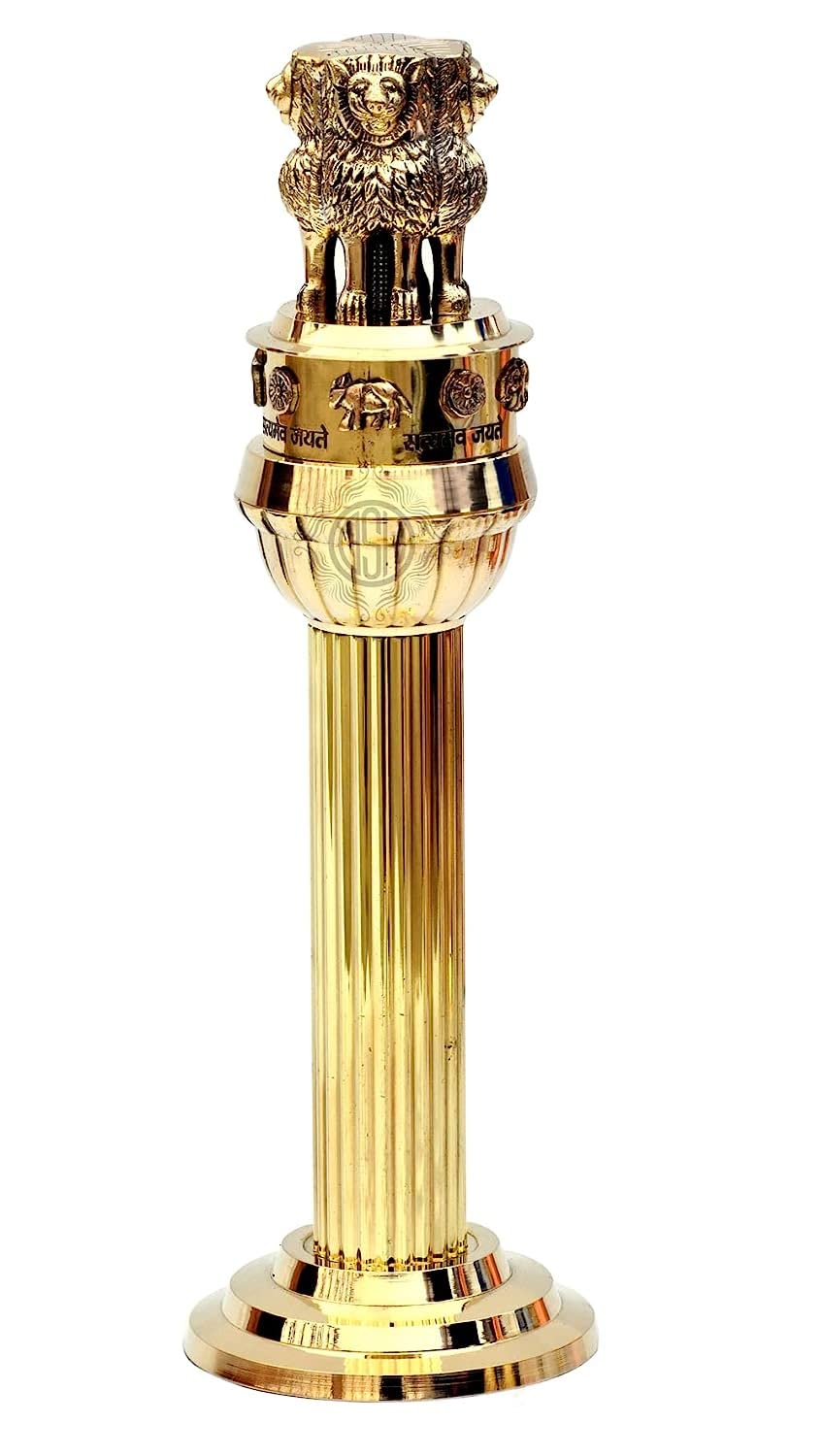 Brass Ashoka Chakra Pillar National Emblem Four Lions Satyamev Jayate Symbol National Flag Embelled Desk Paper Weight Showpiece (11 Inch)