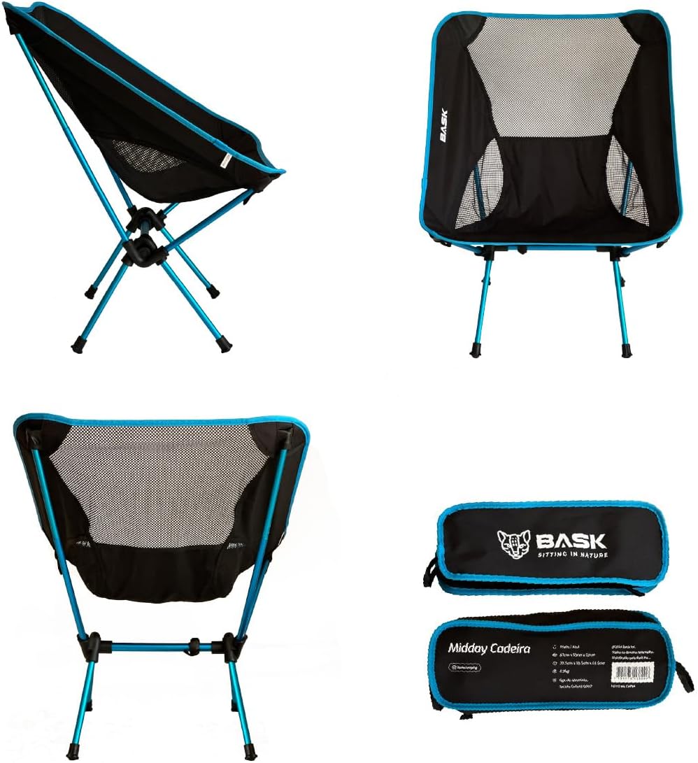 BASK Cadeira Dobrável Ultralight de Alumínio – 1 kg, Compacta 37×13 cm, 150 kg de Capacidade, Portátil para Camping, Praia e Trilhas