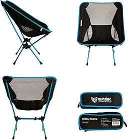 BASK Cadeira Dobrável Ultralight de Alumínio – 1 kg, Compacta 37×13 cm, 150 kg de Capacidade, Portátil para Camping, Praia e Trilhas