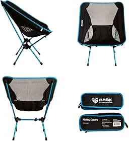 BASK Cadeira Premium Dobrável Ultralight de Alumínio – 1 kg, Compacta 37×13 cm, 150 kg de Capacidade, Portátil para Camping, Praia e Trilhas