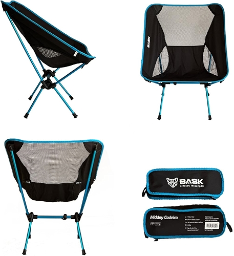 BASK Cadeira Dobrável Ultralight de Alumínio – 1 kg, Compacta 37×13 cm, 150 kg de Capacidade, Portátil para Camping, Praia e Trilhas