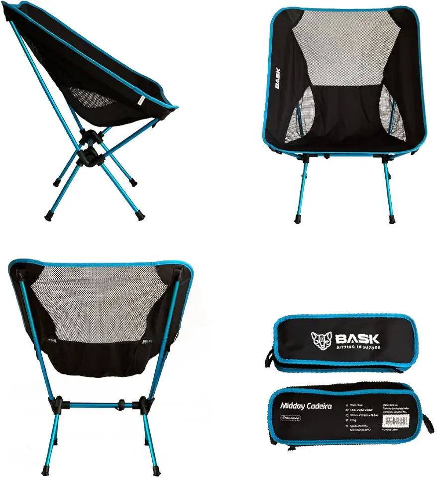 BASK Cadeira Dobrável Ultralight de Alumínio – 1 kg, Compacta 37×13 cm, 150 kg de Capacidade, Portátil para Camping, Praia e Trilhas