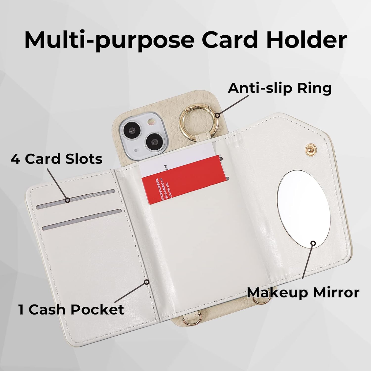 HANDODO Wallet Case Compatible with iPhone 13,Women Vegan Leather Detachable Crossbody Phone Case with RFID Blocking Card Holder Adjustable Strap Shockproof Kickstand Phone Wallet (Ivory)