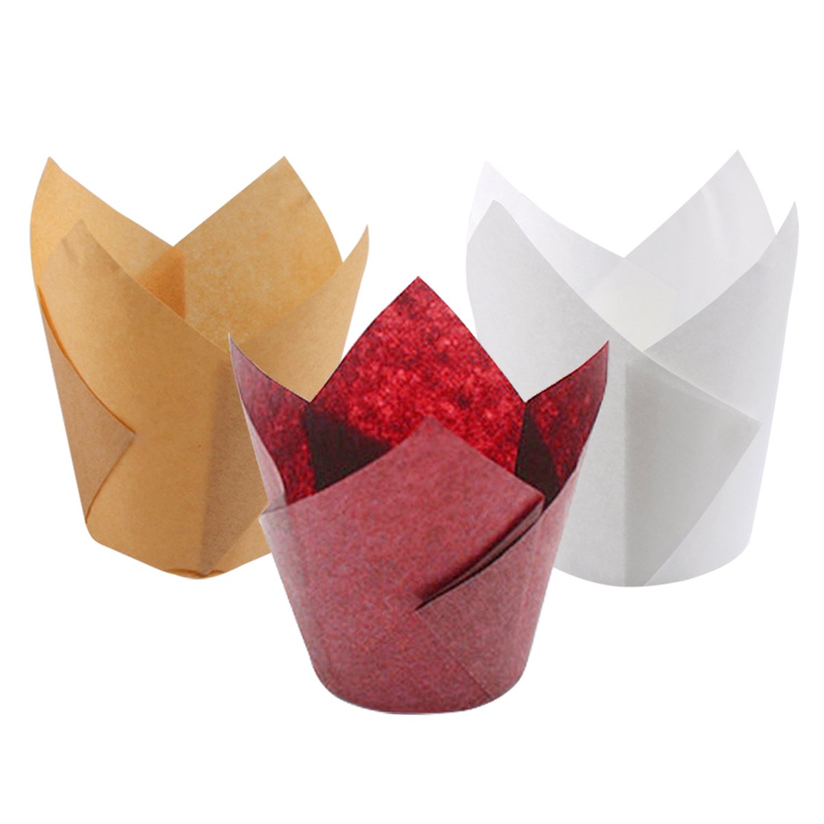 180 tazas de papel para magdalenas, diseño de tulipán, en 3 colores, color blanco, natural y marrón