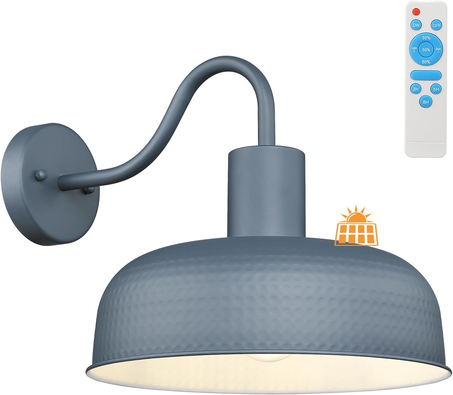 Darkaway Solar Barn Light, Industrial Outdoor Wall Light Dusk to Dawn Wall Sconce Gooseneck Exterior Wall Mount Lighting Fixture with Hammered Dome Metal Shade for House Garage Porch Entry Shed