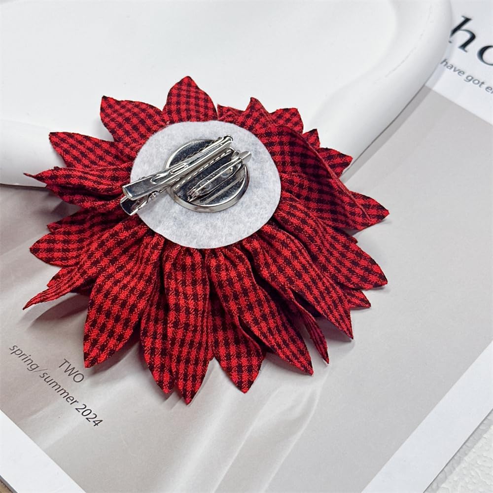 13cm/5" Holiday Plaid Fabric Flower Brooch Pin for Women Girls Delicate Handmade Peony Camellia Brooches Lapel Hair Pins Elegant Wedding Anniversary Accessories Jewelry Gift image 5