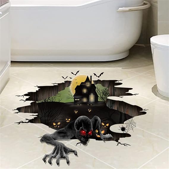 3D Halloween Floor Ceiling Stickers,Creative Horror Ghost Wall Stickers,Scary Skeleton Zombie Ancient Castle Wall Decals, Removable Halloween Decoration Wall Art for Home Office Party Decors